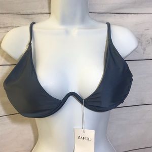 Zaful Plunge Underwire Push Up Bikini Top-Gray-L